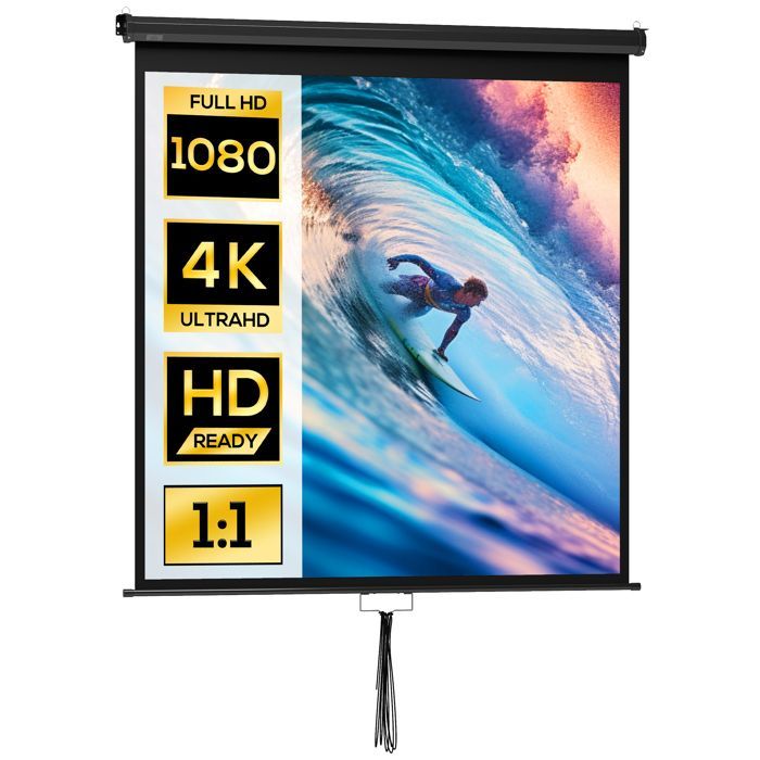 Pantalla de proyección HOMCOM de 85 pulgadas para cine en casa, 1:1, 4K HD, montaje en pared/techo, acero, 162,5 x 8 x 162 cm, color negro.