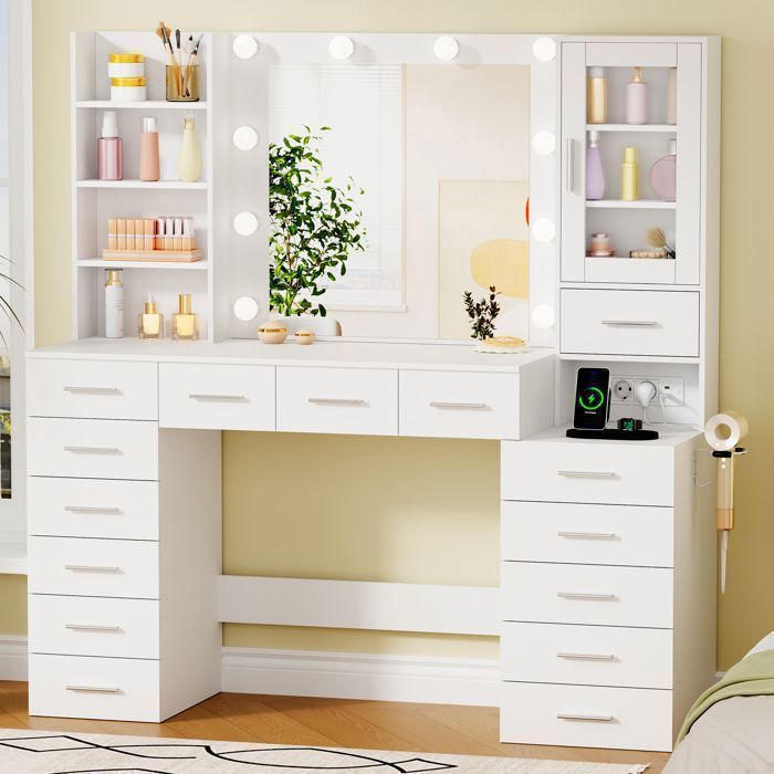 Coiffeuse Grande avec Miroir , LED Réglable, Prise et Port USB, 15 Tiroirs, 135X40X140cm，Blanc