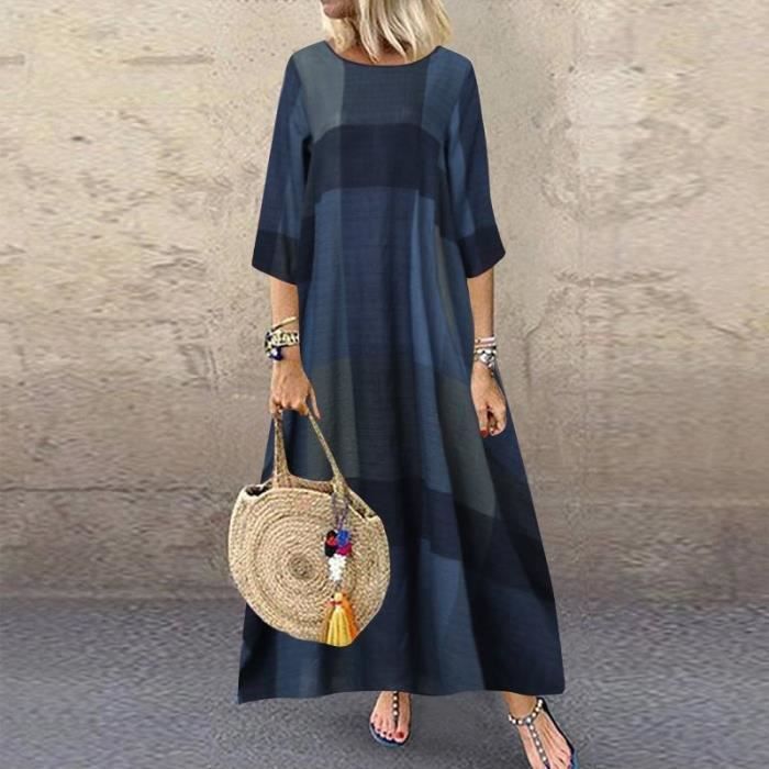Robe Décontractée À Manches Longues Pour Femmes À Carreaux Vintage Parti Longues Bleu