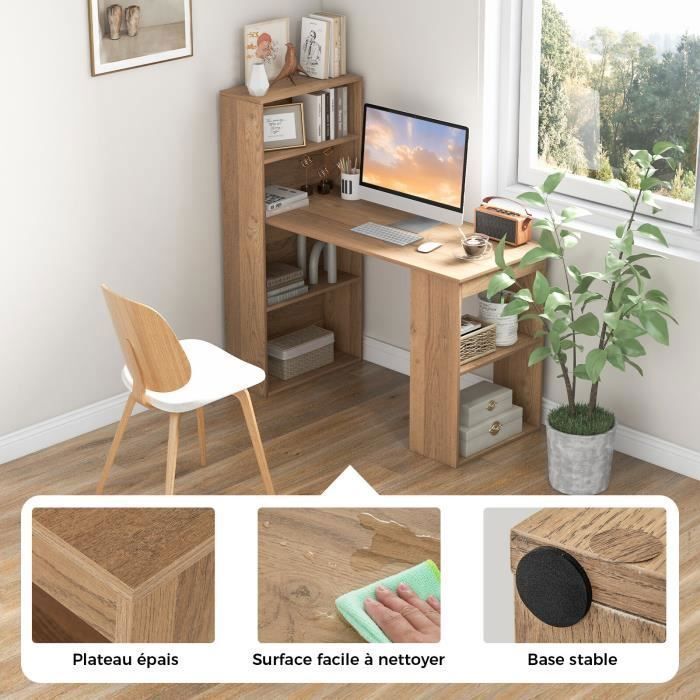 COSTWAY Bureau Informatique avec Bibliothèque, Table d'Ordinateur Haute de 75 cm avec Étagères de Rangement à 6 Niveaux, Naturel