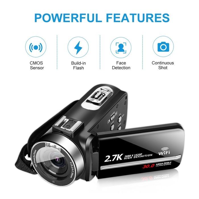 YONIS 2,7K 30MP Digital-Camcorder mit WLAN-Konnektivität, Android/iOS-App, Infrarot-Nachtsicht + 4GB SD-Karte