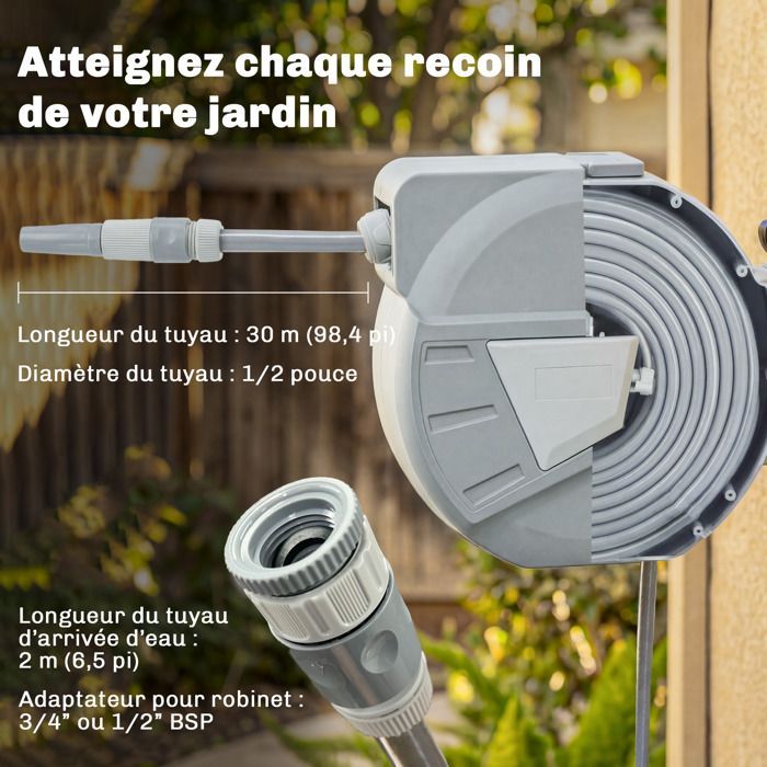 Enrollador de manguera de pared - Outsunny - 30+2 m x Ø 15 mm - Retráctil automático, giro de 180° - Plástico - Gris