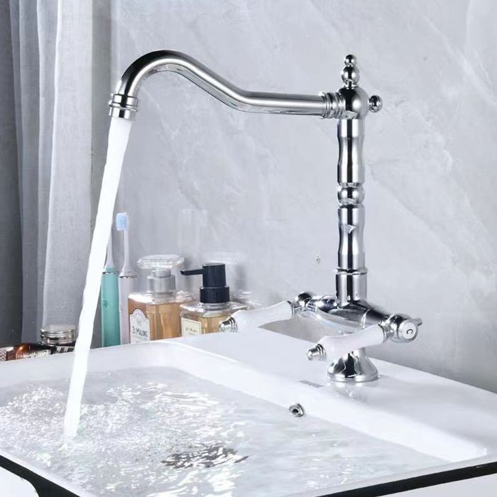SNOGOLD Robinet Antique Cuisine Robinet d'évier Rotatif à 360° Mitigeur Mélangeur en Laiton avec Robinet à Deux Poignées, Argent