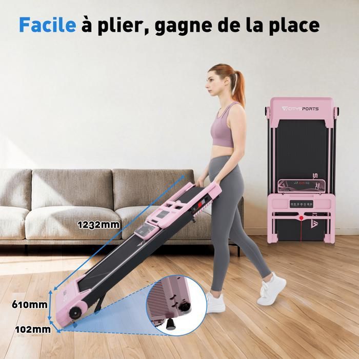 Foldable and Incline Treadmill 7.7%, Pink, APP, 1-12km/h. 1400w. Wheels for Moving.