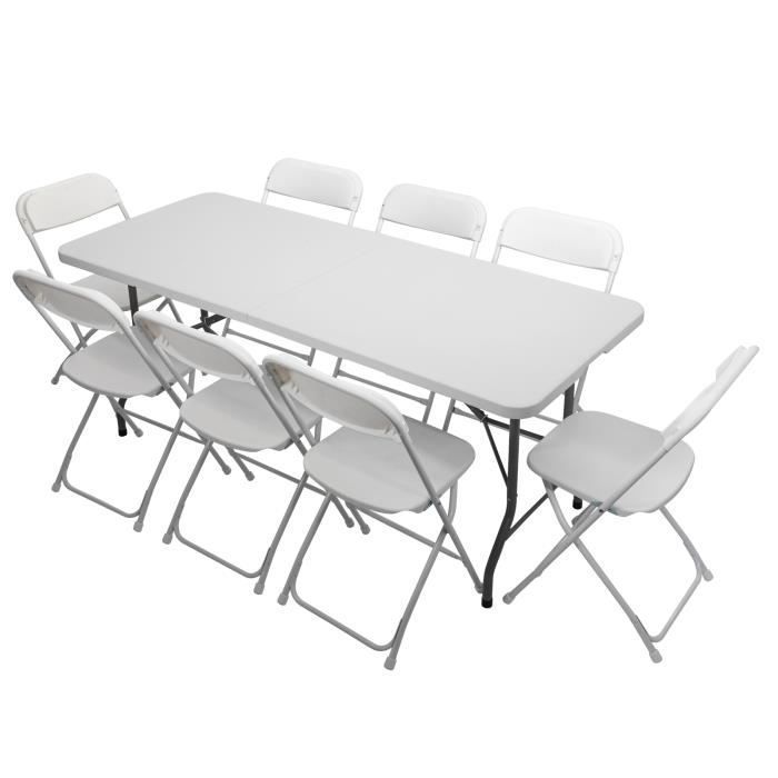 Conjunto de mesa y sillas plegables, ideal para fiestas, conferencias, recepciones, acampadas y jardines; mesa + 8 sillas, color blanco.
