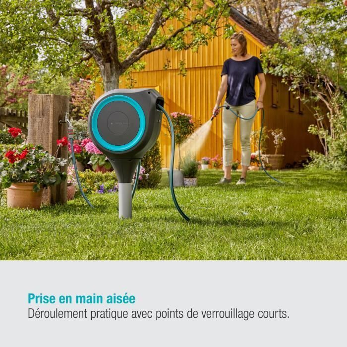 Enrollador de manguera automático con estaca, RollUp S 15 m - GARDENA - Acabado azul - Rebobinado automático de la manguera