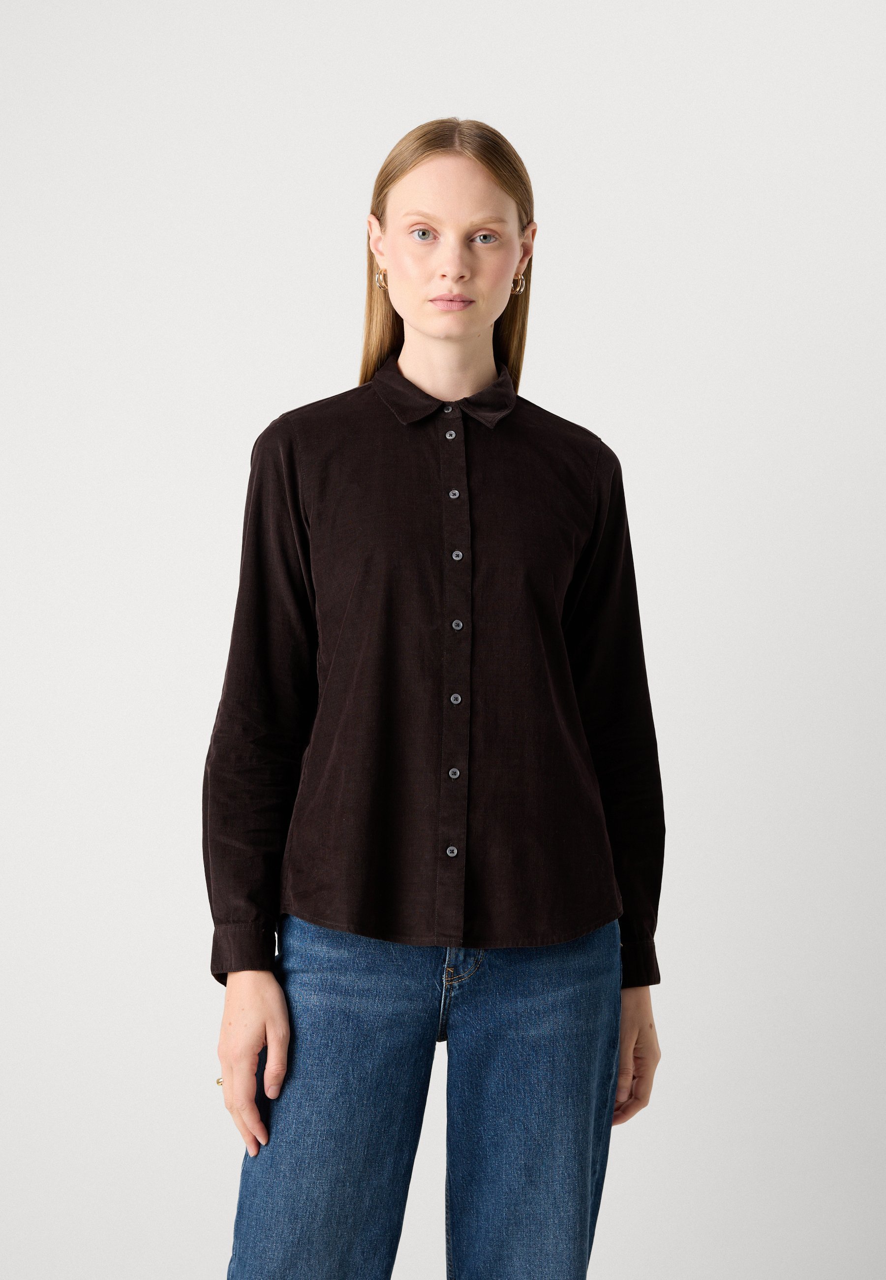 Marc O'Polo blouse met kraag en lange mouwen, effen kleur - Blouse met knoopsluiting - donkerbruin
