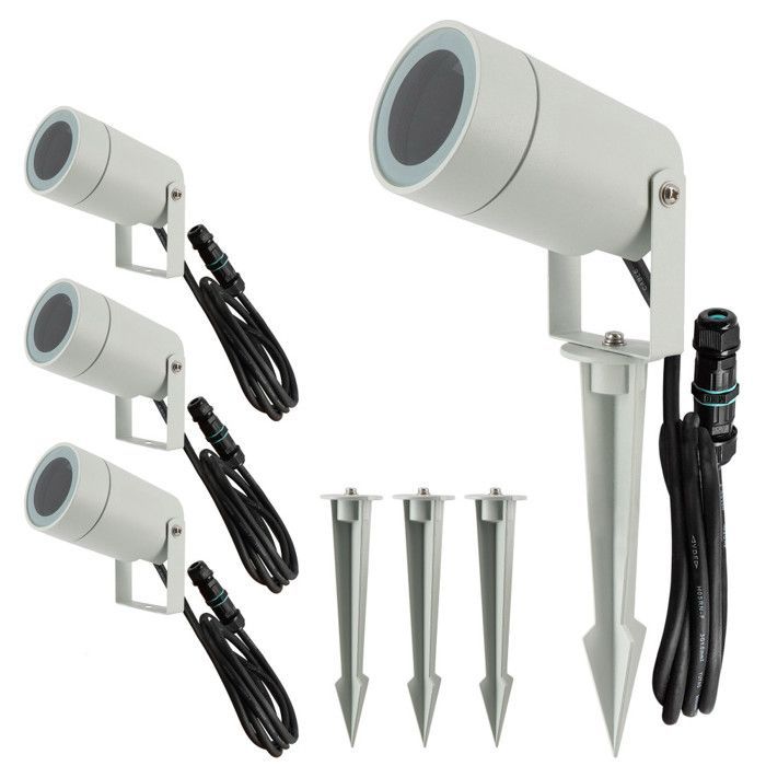Focos de diseño para exteriores con estacas (x4) - Para bombillas LED GU10 - Resistentes al agua IP65 - Ajustables - Fijaciones discretas - Gris