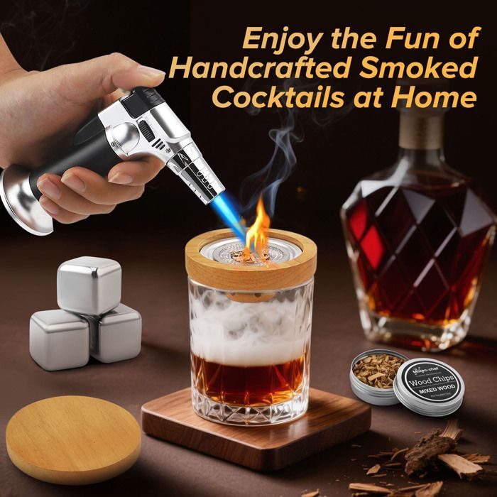 Coffret fumoir cocktails/whisky : inclut brûleur, 8 copeaux de bois, 3 pierres à whisky en acier inoxydable (sans butane)