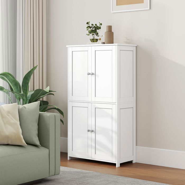 Badezimmerschrank mit 4 Türen, 60 x 30 x 108,5 cm, Aufbewahrungsmöbel, Küchenschrank, 2 verstellbare Einlegeböden, Weiß