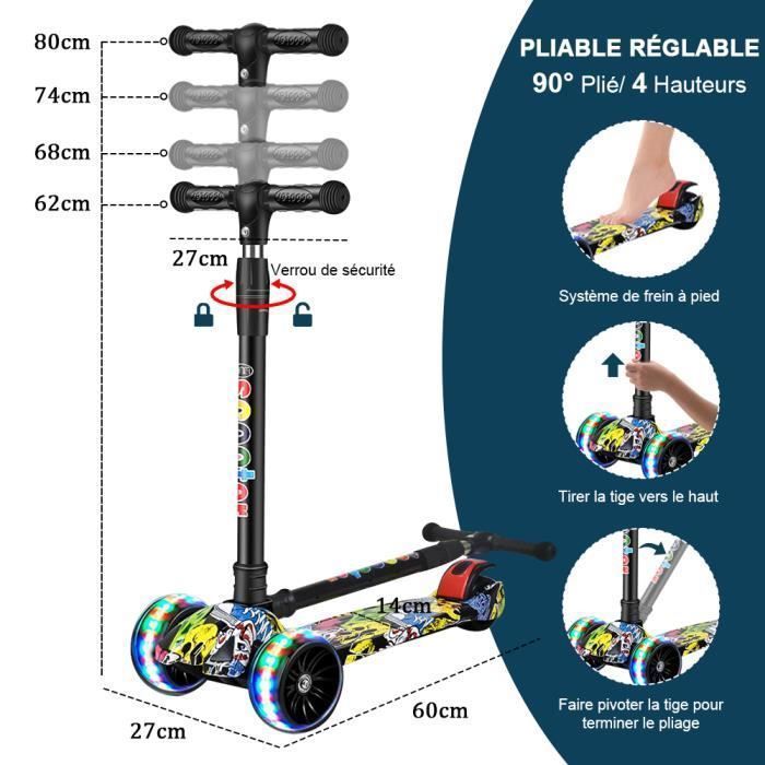 Children's Scooter for Ages 3-12, Wheels 3 Wheels, LED Flashing Lights, Adjustable Height, Maximum 100 kg