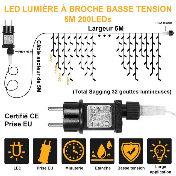 Rosnek LED-kerstverlichting voor buiten, 5 meter, 200 LED-lampjes, IP44 waterdicht, 8 standen, warm wit, voor feestjes en balkons
