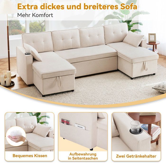 Großes U-förmiges Familiensofa, ausziehbares Schlafsofa, integrierter Stauraum und Getränkehalter – ideal für Wohnzimmer und Lounge