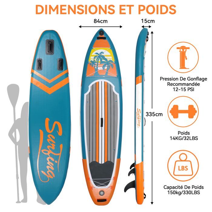 Inflatable Stand Up Paddleboard - 335x84x15cm - Inflatable Board with Seat - SUP Board - Up to 150 kg - Blue