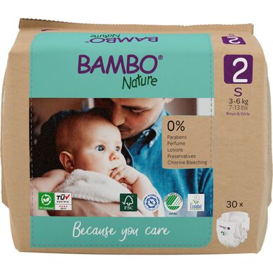 Ekologické pleny Bambo Nature pro chlapce a dívky s 0% parfemací, velikost 2, 3-6 kg, 180 kusů.