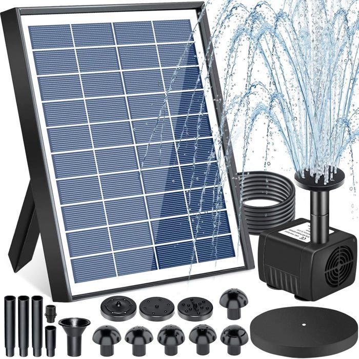 Fontaine Solaire Extérieure de Jardin, 6,5W Pompe Solaire Bassin Exterieur, Solaire Flottant Extérieur Fontaine avec 9 Buse