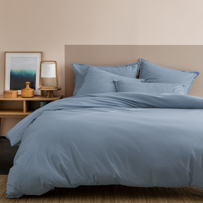 Juego de ropa de cama doble lisa con fundas de almohada con flecos, 100% algodón - MATT & ROSE - ALGODÓN LAVADO - Azul tormenta - 240x220+2x65x65 cm
