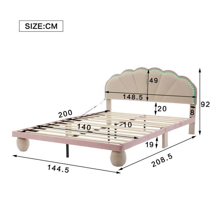 Cama doble - LEYTN - 140x200 cm - Terciopelo rosa - Cabecero iluminado - 2 plazas