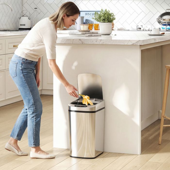 Cubo de basura automático para cocina - HOMCOM - 12 L - cubo con sensor y tapa - acero inoxidable - 28 x 22 x 41 cm - plata