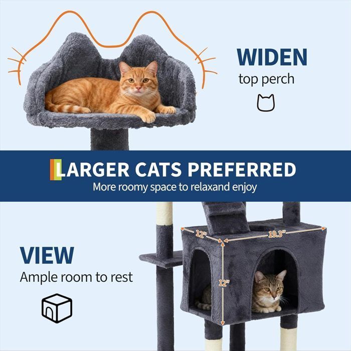 ÁRBOL PARA GATOS - JUGUETES S - 182 H - XL Torre para gatos multinivel - 2 casitas, 3 perchas, gris oscuro