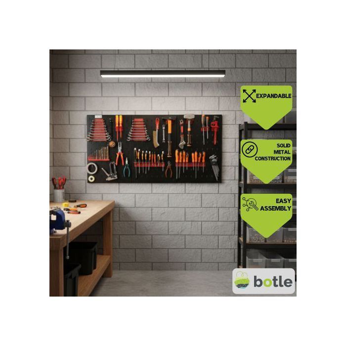 Tablero perforado de metal - BOTELLA - 120 x 60 cm - 25 piezas - Soportes y ganchos incluidos - Negro y rojo