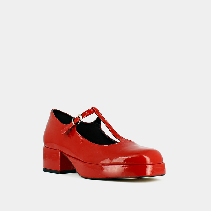Salomés à petits talons et semelles épai...  en vernis plissé rouge