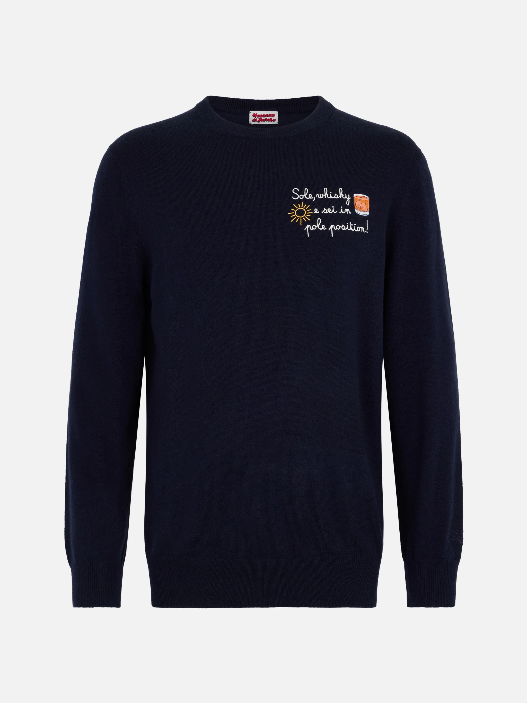Heron Light Navy Blue Crewneck Sweater – 'Sole, Whisky e Sei in Pole Position!' Embroidery, Ribbed Hem & St. Barth Logo | VACANZE DI NATALE SPECIAL EDITION | MC2 Saint Barth