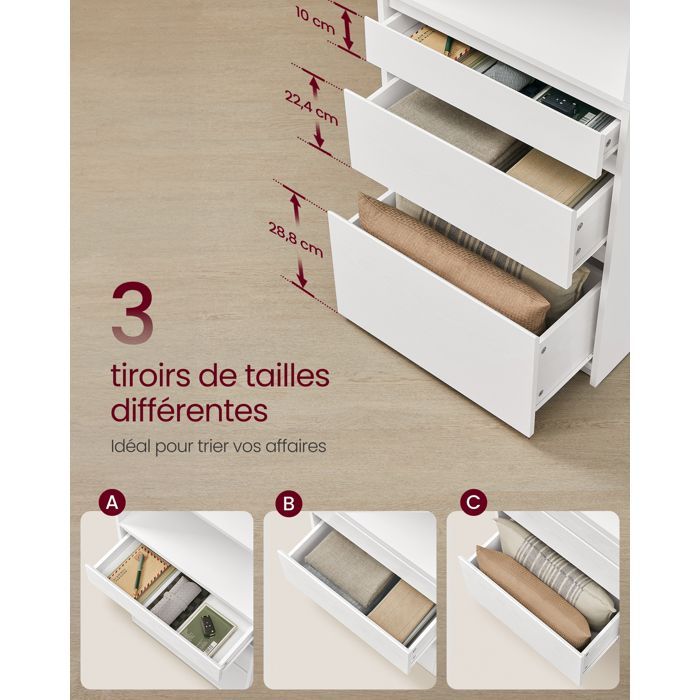 VASAGLE Kailyn Collection - Βιβλιοθήκη, Ψηλό Ντουλάπι, Μπουφές, 3 Συρτάρια, Ρυθμιζόμενα Ράφια, Ύψος 180 cm, Εξοικονόμηση Χώρου, Λευκό