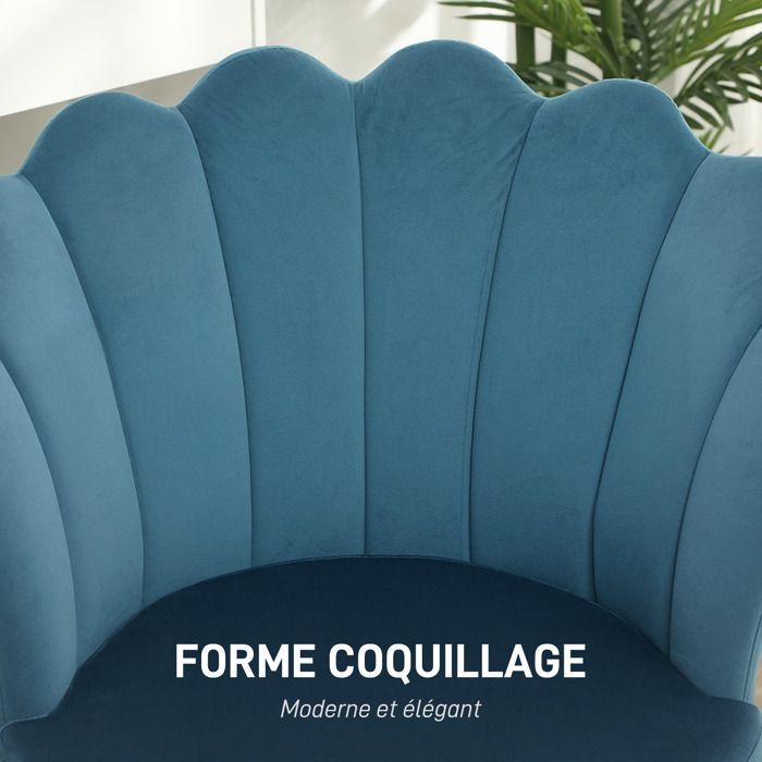 Sillón HOMCOM con forma de concha, silla de tocador en terciopelo con patas de metal dorado para sala de estar, dormitorio y comedor, azul