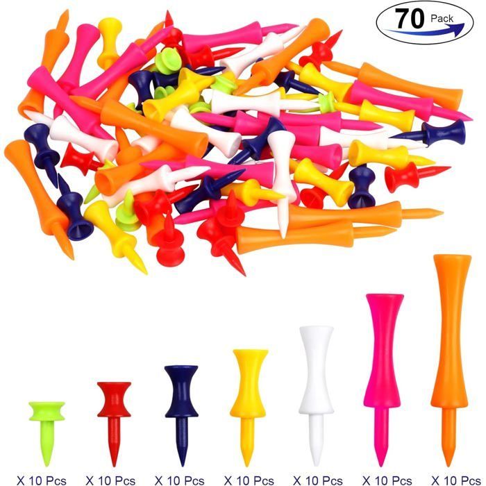 Plastic golf tees, 70 pieces, durable, in various colors (25 mm, 32 mm, 39 mm, 45 mm, 51 mm, 59 mm, 70 mm)