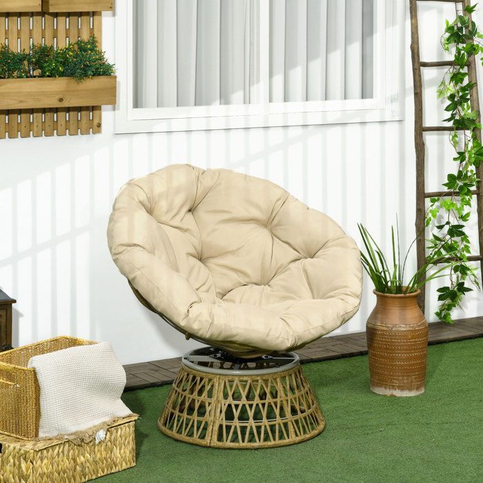 Papasan-Sessel – Outsunny – PE-Rattan-Geflecht – 360° drehbar – gepolstertes Kissen – 85 x 70 x 82 cm – Khaki