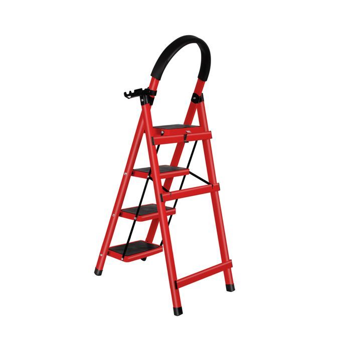 Escalera plegable de acero de 4 peldaños, color rojo, de 133 cm de altura, con asa y plataforma antideslizante, capacidad de carga de 150 kg.