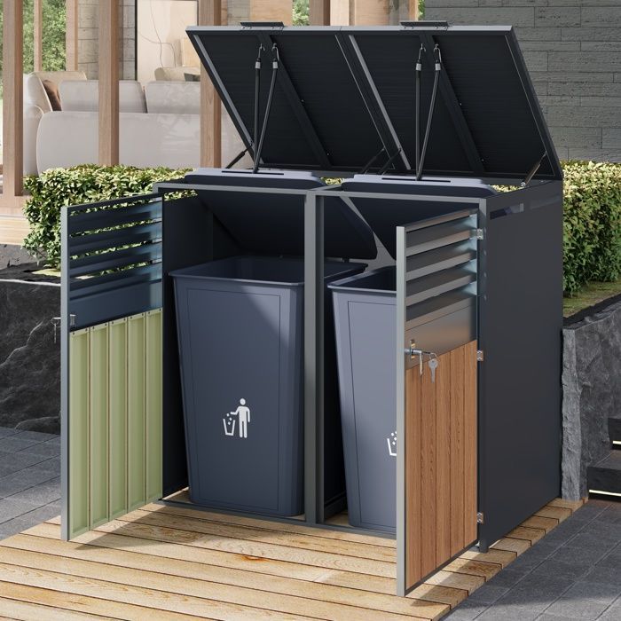 Cobertizo para contenedores HOMVRA, tapa de 2 compartimentos con tapa hidráulica y 2 puertas ventiladas, acero, gris y madera.