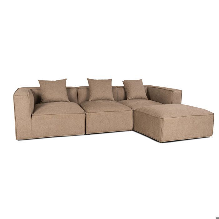 Box canapé chaiselongue, 3 coussins décoratifs beige, marron.