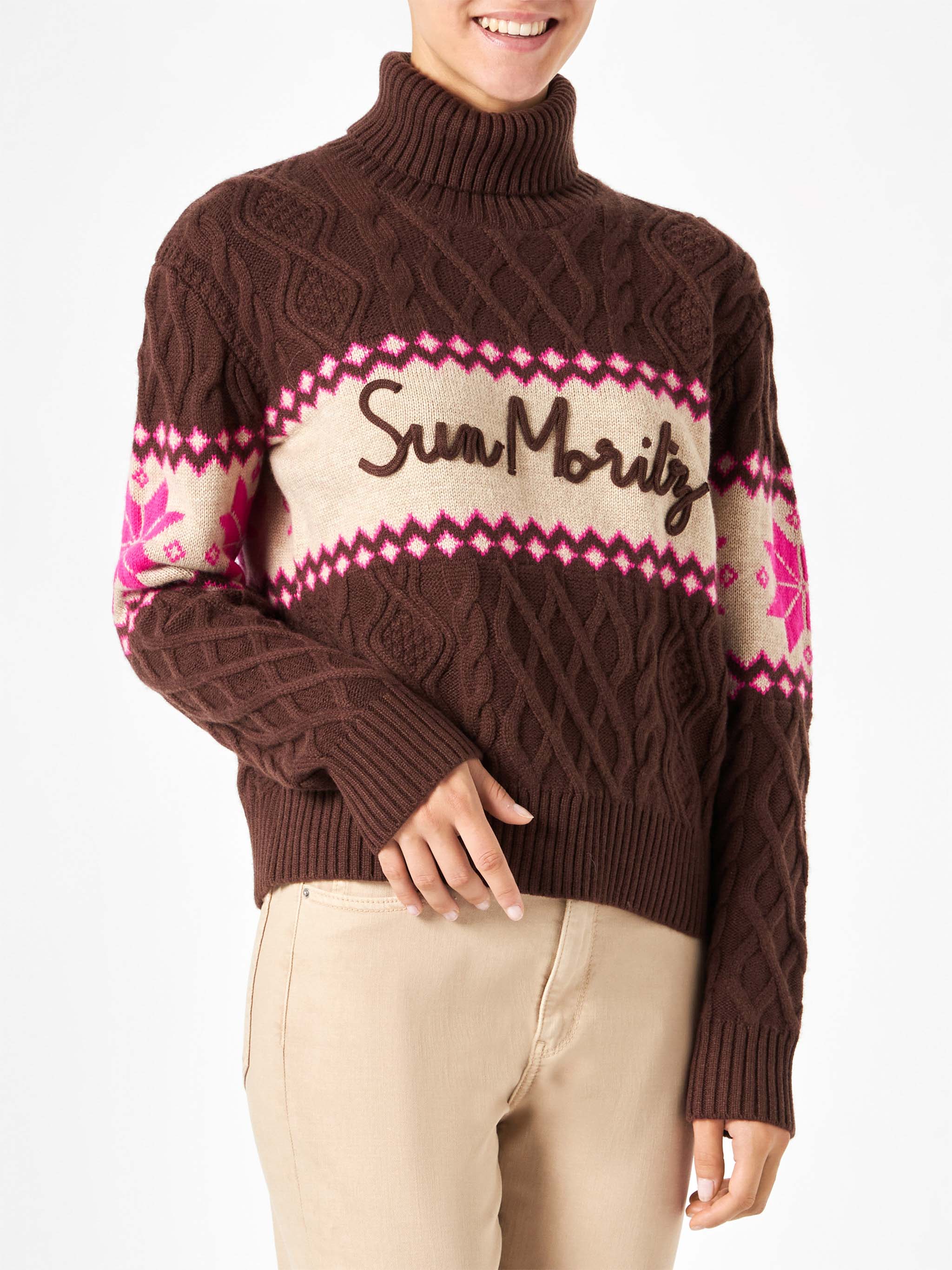 Maglione da donna mezzo dolcevita con scritta Sun Moritz