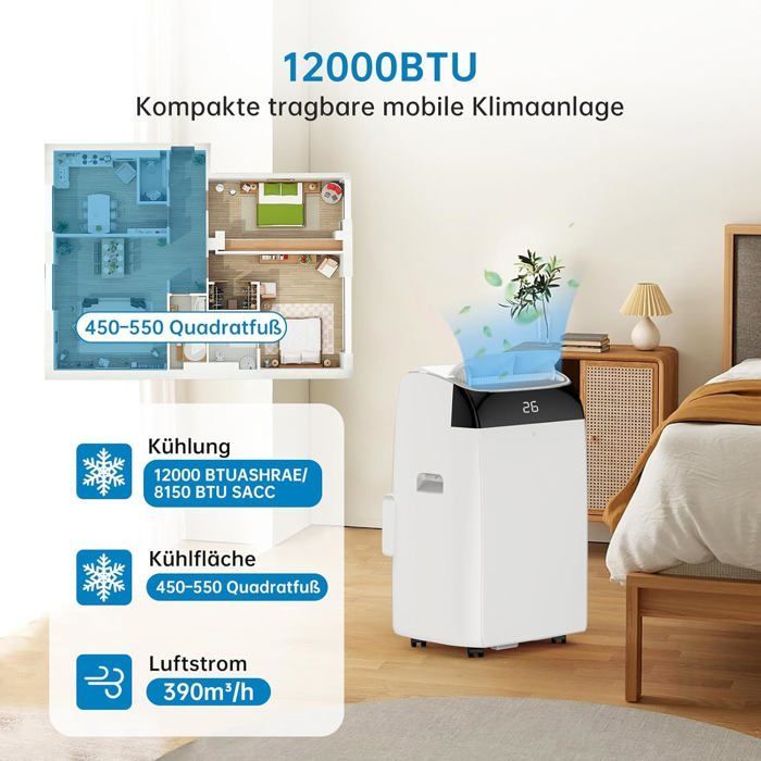 12000 BTU:n kannettava ilmastointilaite, ilmastointilaite, ilmankuivain, 4-in-1-tuuletin unitilalla, 24 tunnin ajastin