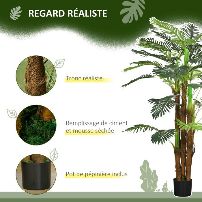 Palmera artificial Outsunny, 1,6 m de altura, árbol artificial con tronco, ramas, líquenes y hojas, muy realista, maceta incluida.