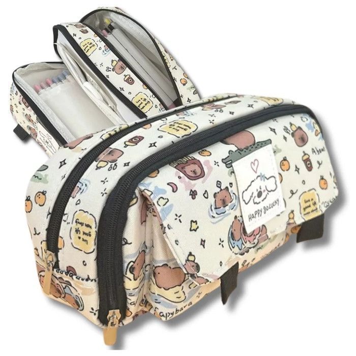 Estuche escolar con diseño de capibara, color beige, 19x7x10cm, multifuncional.