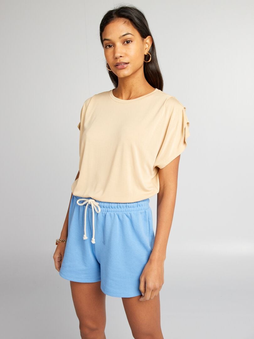 T-shirt met geplooide mouwen - BEIGE