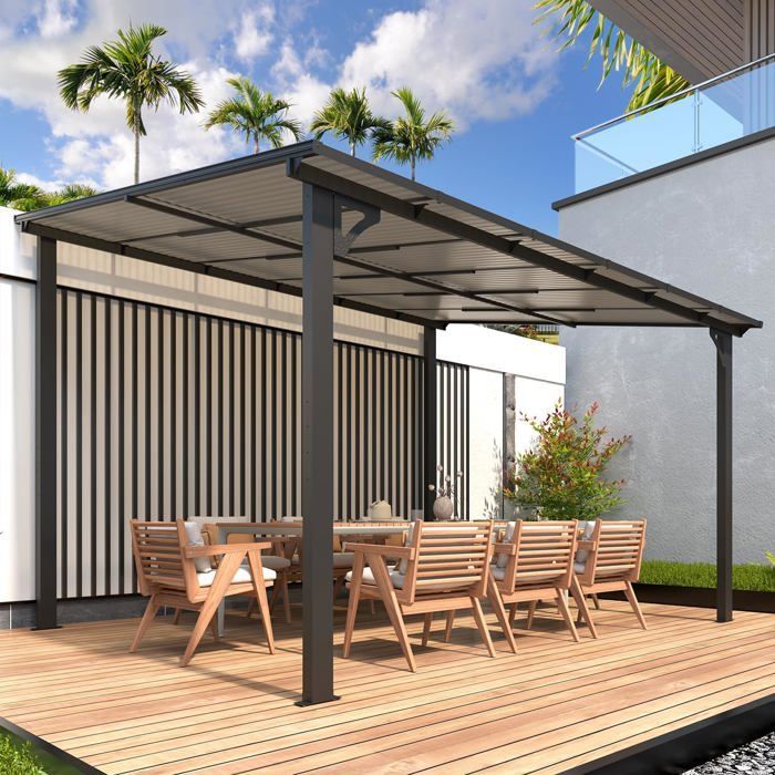 YODOLLA Pergola Murale en Aluminium et Polycarbonate - Résistante aux intempéries -  3x3.65m - Noir
