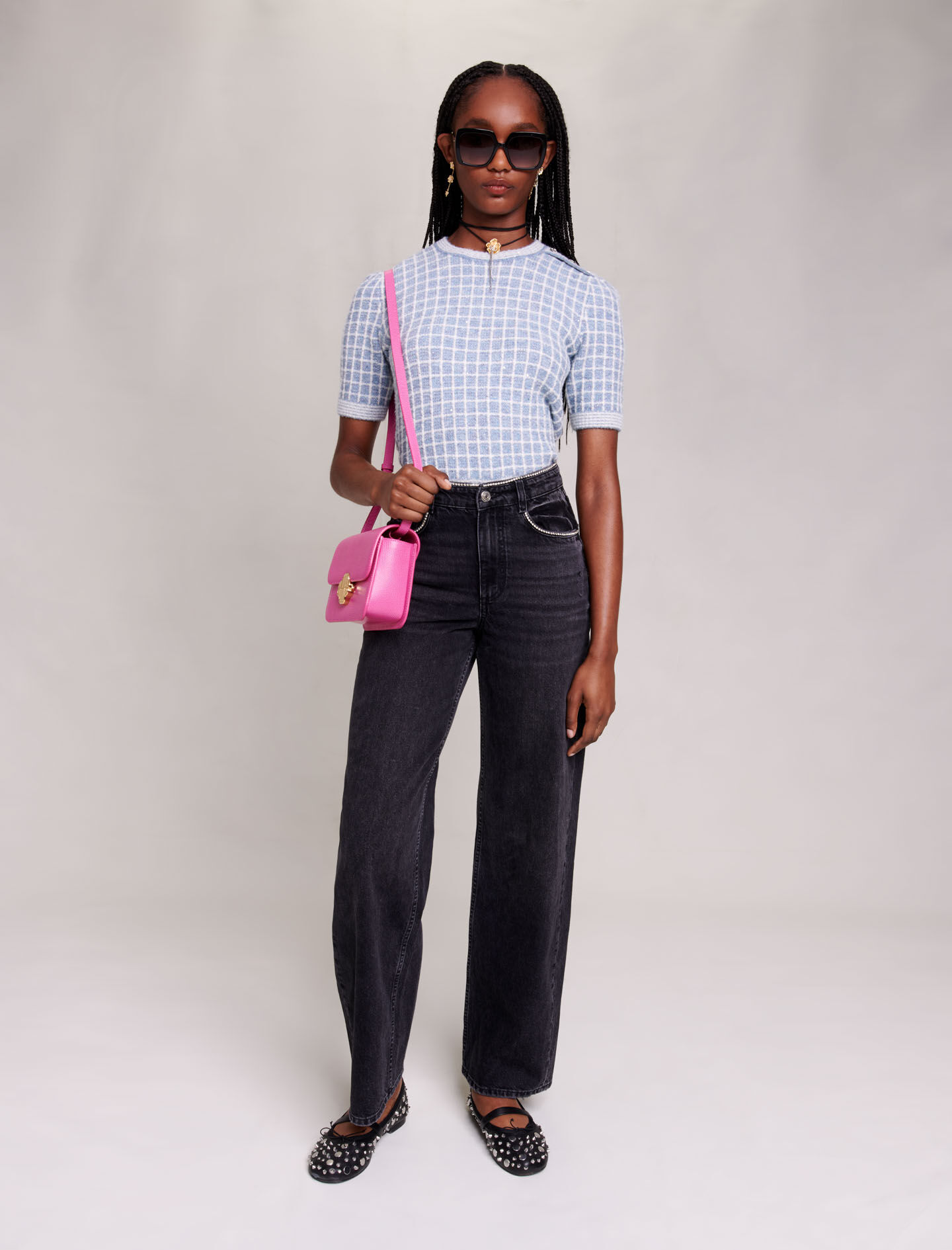 Jeans met wijde pijpen en strass-steentjes - Zwart