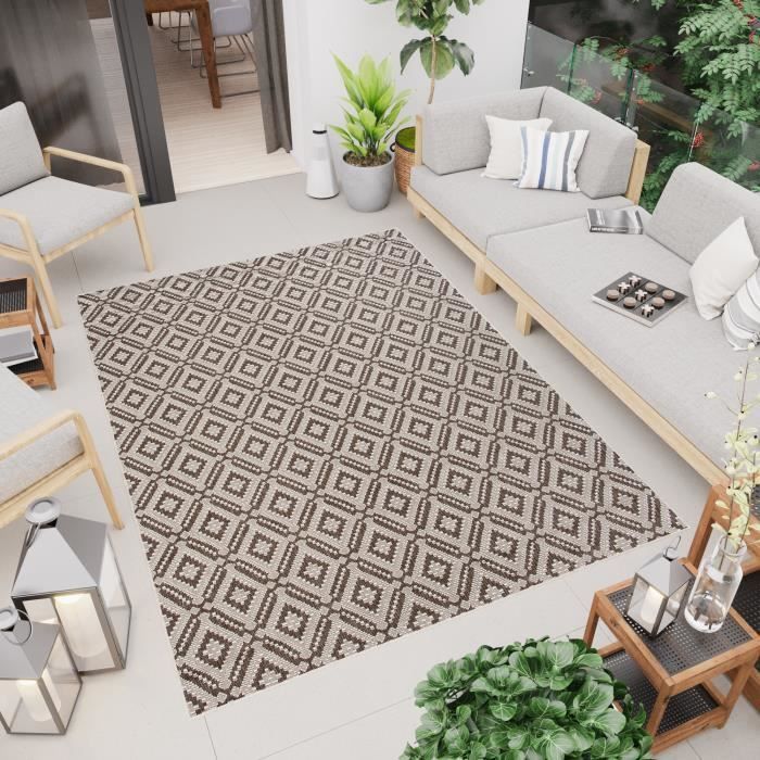 TAPISO Capri Tapis Extérieur Intérieur Cuisine Marron Beige Marocain Sisal Résistant 80x150 cm