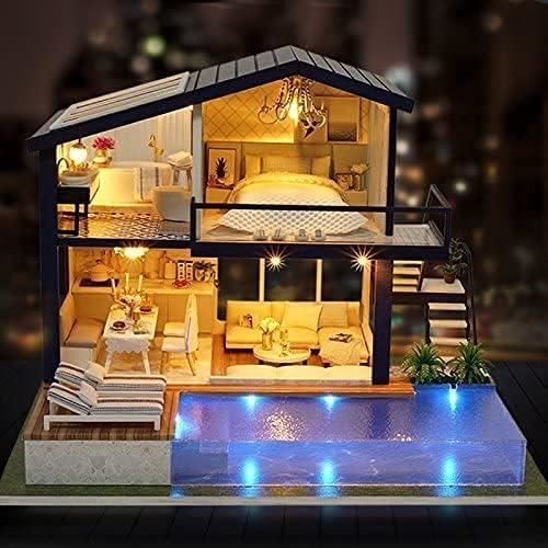 Kit de casa de muñecas en miniatura - ZGEER - Apartamento con piscina - Caja de música LED - Hágalo usted mismo