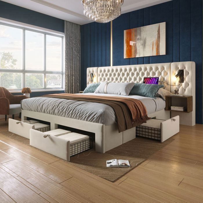 Letto contenitore 180x200 cm, letto matrimoniale con contenitore integrato, rivestimento in velluto, ripiani laterali, porte USB