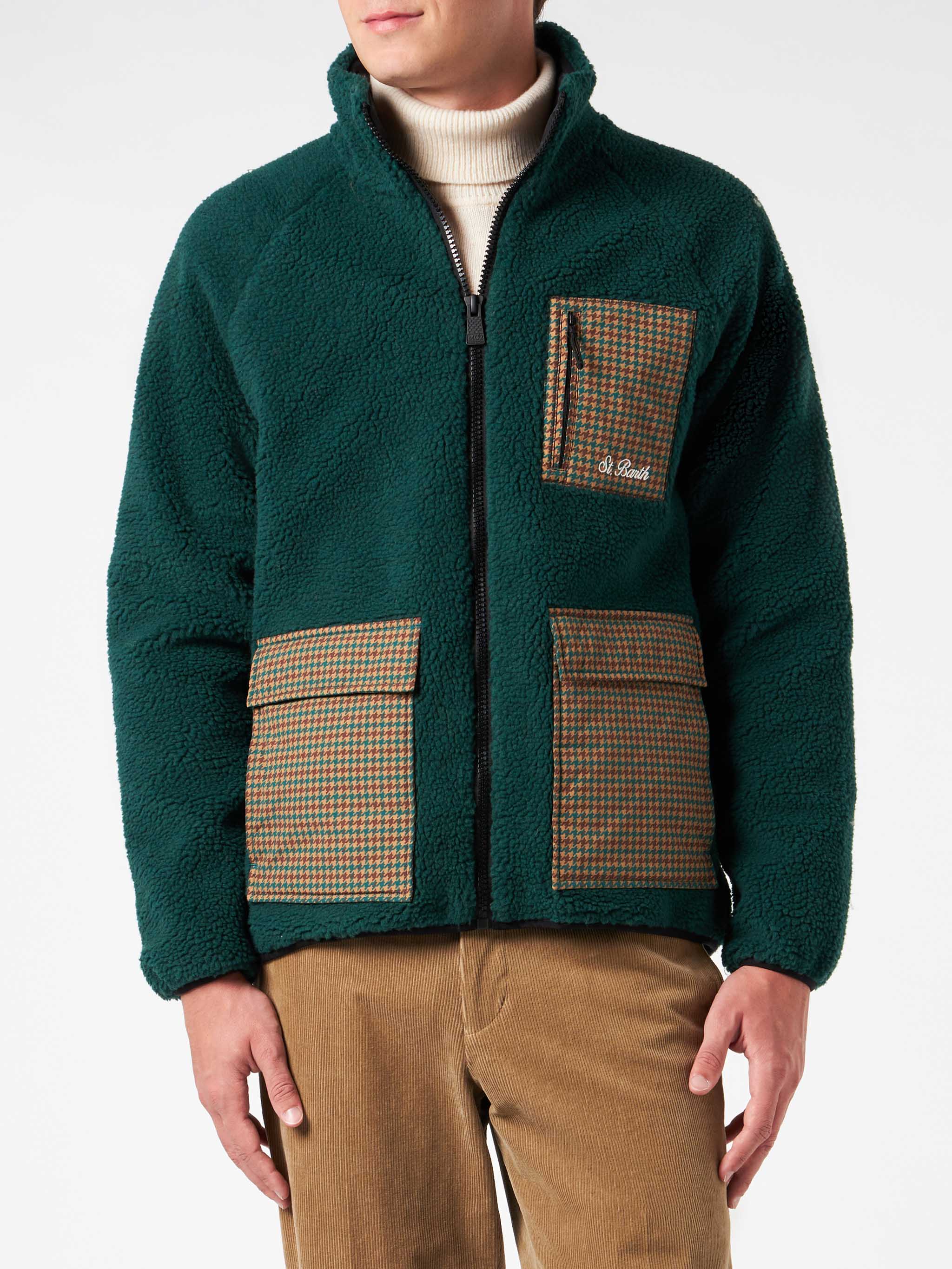 Groene sherpa-jas voor heren met geruite opgestikte zakken