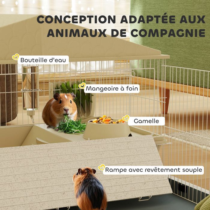 Gabbia per piccoli animali - PawHut - con recinto rimovibile, tappetino impermeabile, mangiatoia per fieno - per porcellini d'India, ricci - beige