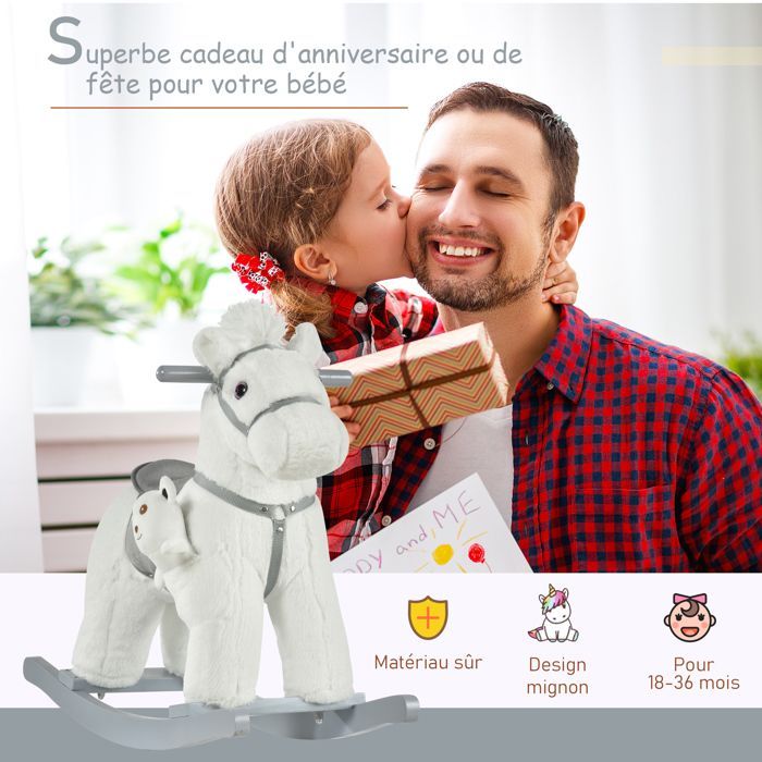 Caballito balancín para bebés de 18 a 36 meses - HOMCOM - con efectos de sonido - osito de peluche de regalo - de madera - 65 x 26 x 55 cm - blanco