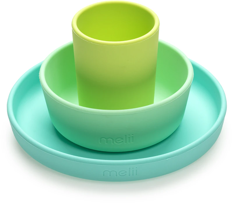Conjunto de alimentação Melii nas cores menta, azul e lima.