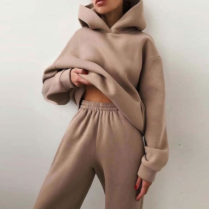 Women's Tracksuit Set: Pants + Chic Hooded Crop Top, Long Sleeve Tracksuit, Women's Sport Jogging Fitness Tracksuit, Khaki