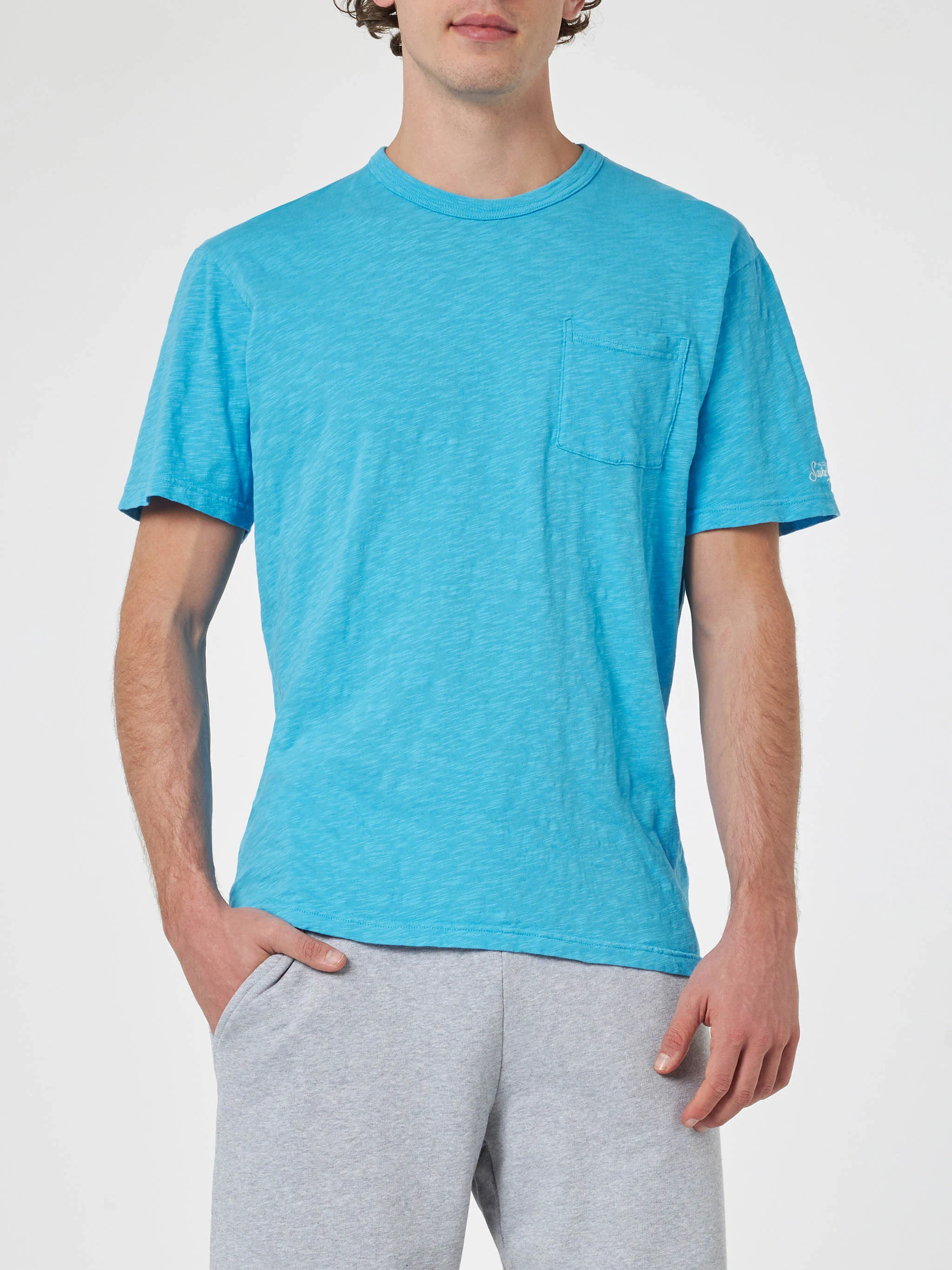 President heren T-shirt van blauw katoen met vlammenmotief en borduurwerk.